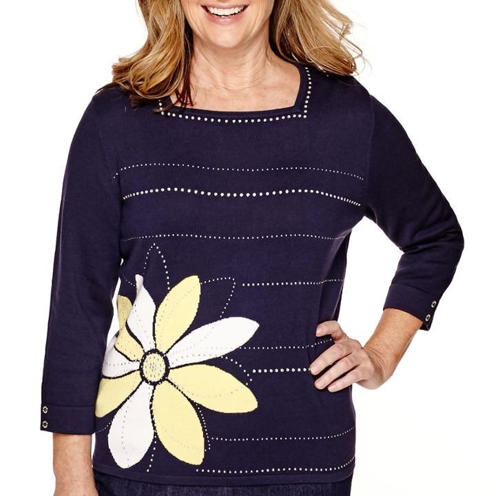 Alfred Dunner Sausalito 3/4-sleeve Floral Detail Sweater
