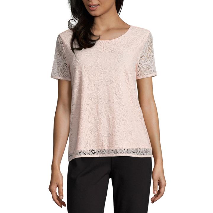 Liz Claiborne Short Sleeve Crew Neck Lace Blouse-petites