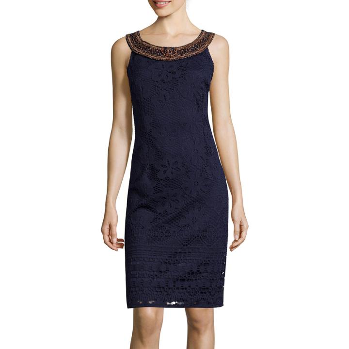 Studio 1 Sleeveless Wood Necklace Trim Lace Sheath Dress