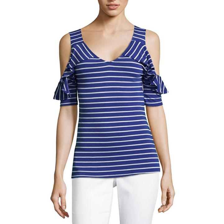 Liz Claiborne Como Blu Cold Shoulder V Neck Jersey T-shirt