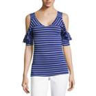 Liz Claiborne Como Blu Cold Shoulder V Neck Jersey T-shirt