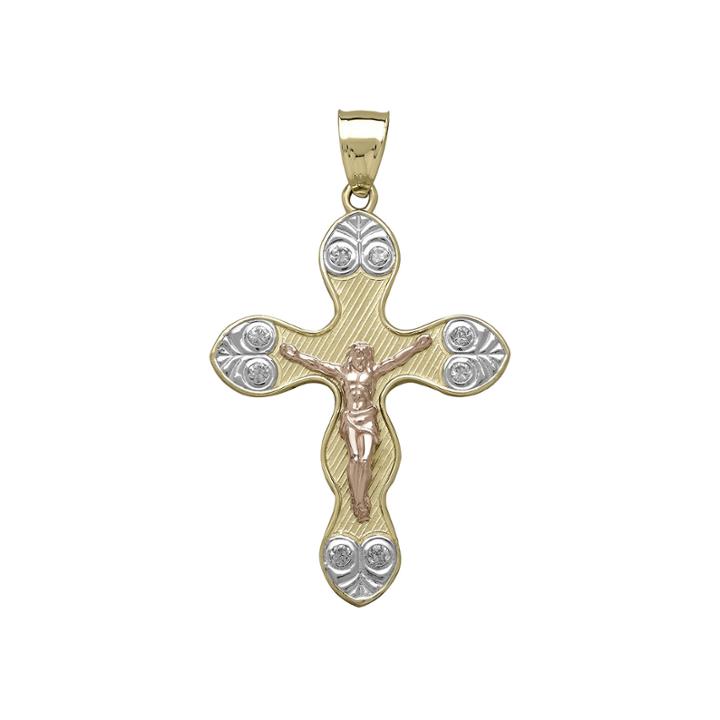 Tesoro&trade; Cubic Zirconia 14k Tri-color Crucifix Pendant