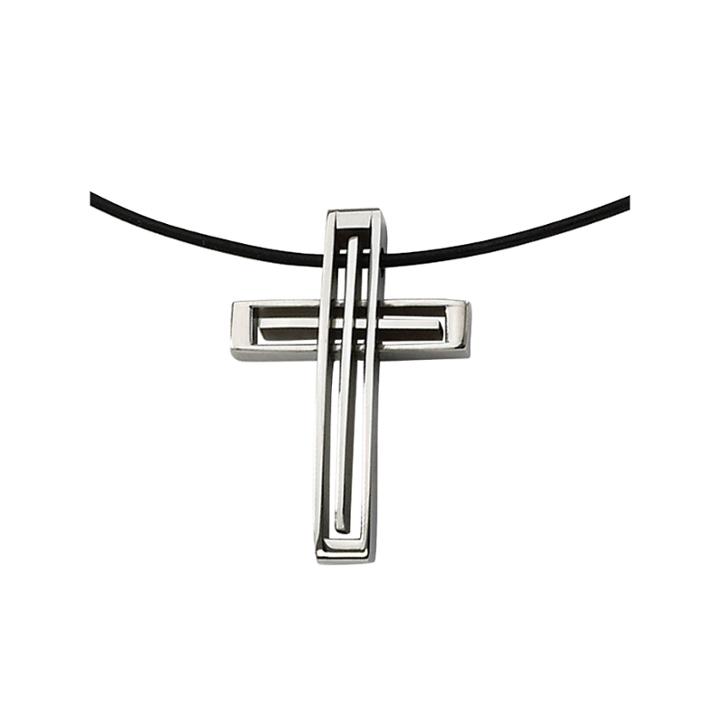 Mens Stainless Steel Leather Cord Cross Pendant