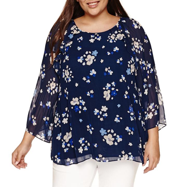 A.n.a Long Sleeve Crew Neck Woven Blouse-plus