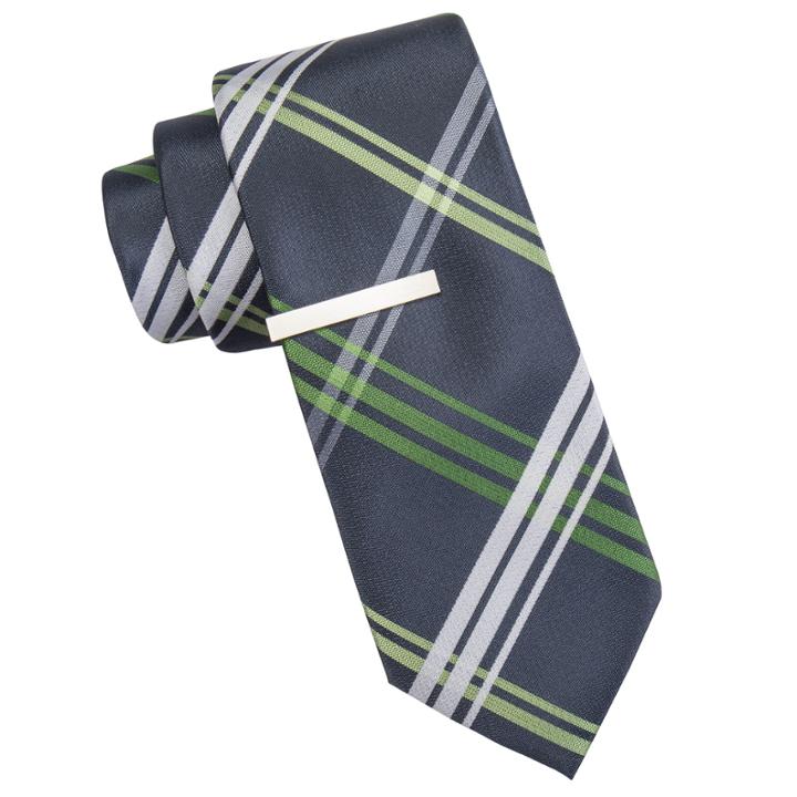 Jf J. Ferrar Ocean Parkway Open Plaid Tie And Tie Bar Set