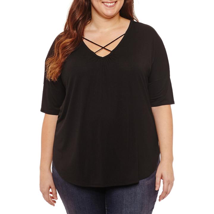 A.n.a Elbow Sleeve Cross Front T-shirt-womens Plus