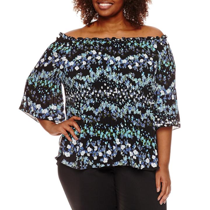 Worthington 3/4 Sleeve Pleated Off The Shoulder Blouse - Plus