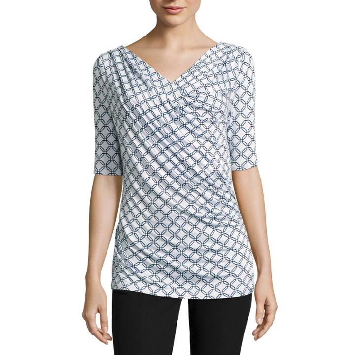 Worthington Short Sleeve Draped Neck Geometric T-shirt-womens Petites