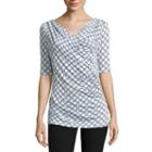 Worthington Short Sleeve Draped Neck Geometric T-shirt-womens Petites