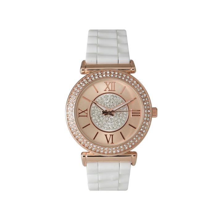 Olivia Pratt Womens Rhinestone Bezel Goldtone And Rhinestone Dial White Silicone Watch 40034white