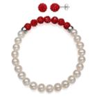 Cultured Freshwater Pearl & Red Lab Created Crystal Bead Sterling Silver Jewelry Set