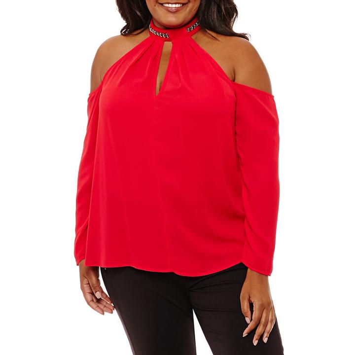 Bold Elements Long Sleeve Jewel Chocker Neck Blouse - Plus