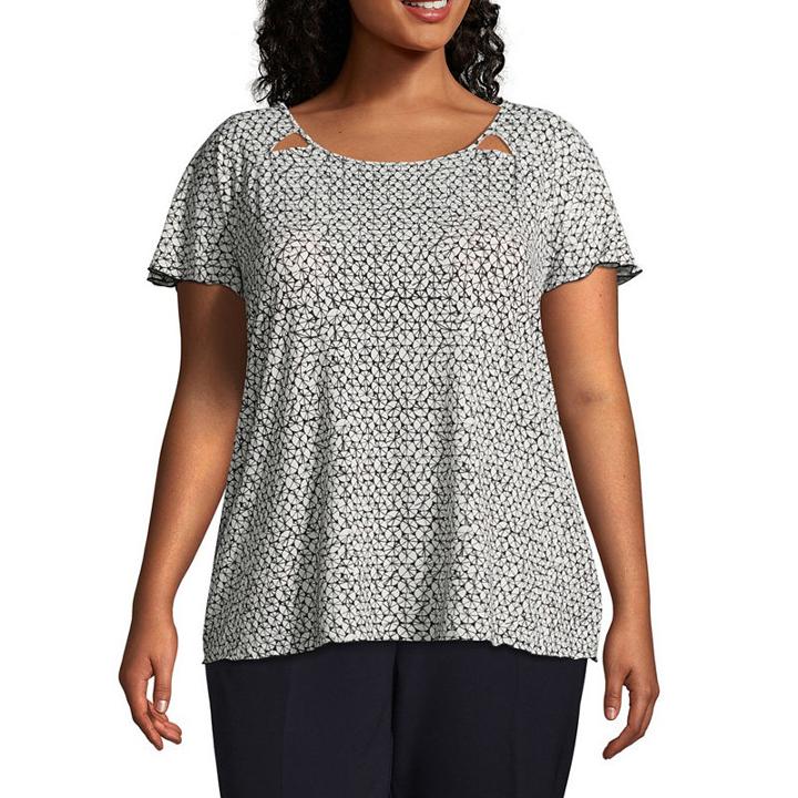 Worthington Short Sleeve Round Neck Crepe Blouse-plus