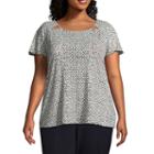 Worthington Short Sleeve Round Neck Crepe Blouse-plus