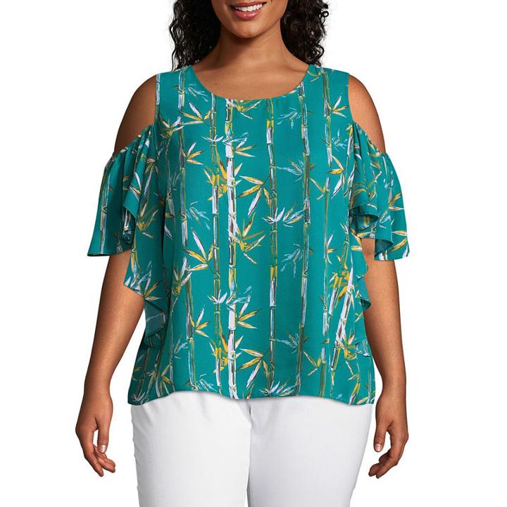 Worthington Short Sleeve Cold Shoulder Blouse-plus