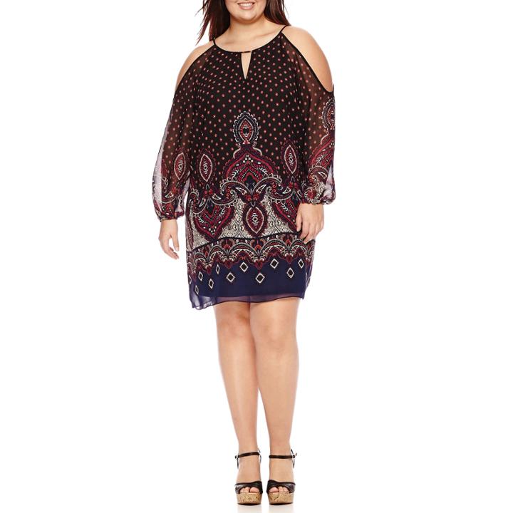By & By Long Sleeve Bordered A-line Dress-juniors Plus