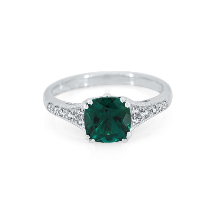 Cushion-cut Lab-created Emerald And White Sapphire Sterling Silver Ring