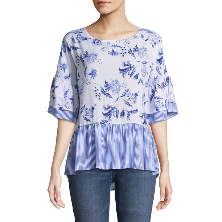 Como Blu Elbow Sleeve Crew Neck Floral Blouse