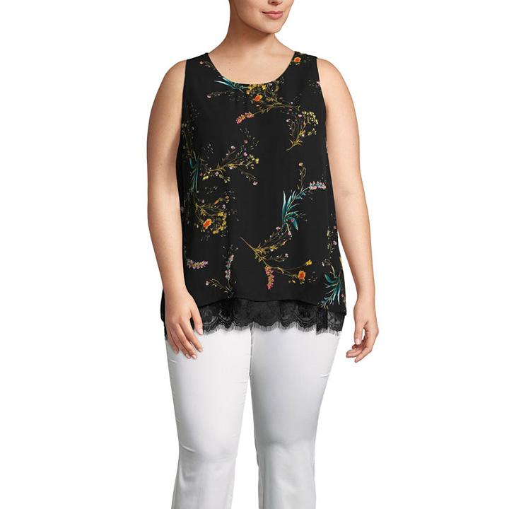 Worthington Lace Trim Floral Woven Tank Top-plus