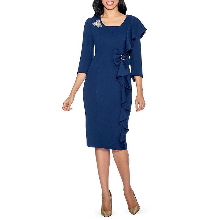 Giovanna Collection Women's Textured Stretch Tweed Sheath Dress With Side Ruffles