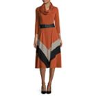 Robbie Bee 3/4-sleeve Mitered-bottom Belted Fit-n-flare Dress With Infinity Scarf