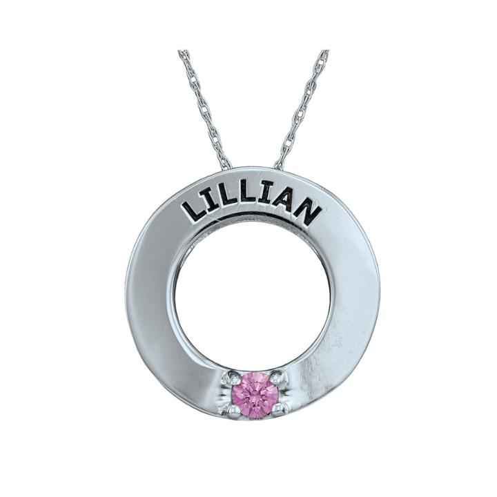 Personalized Simulated Birthstone Engraved Open Circle Pendant Necklace