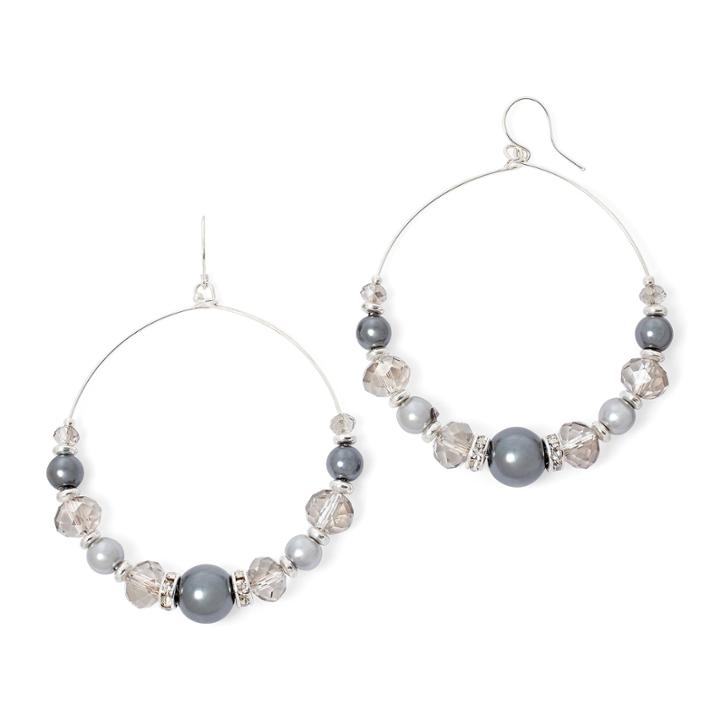 Vieste Gray Simulated Pearl Silver-tone Drop Hoop Earrings