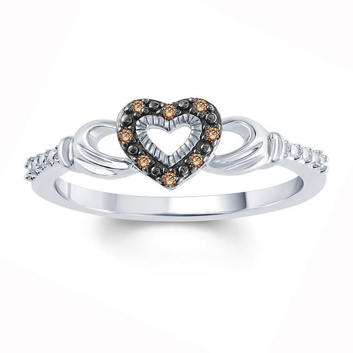 Womens Diamond Accent Genuine Champagne Diamond Sterling Silver Side Stone Ring