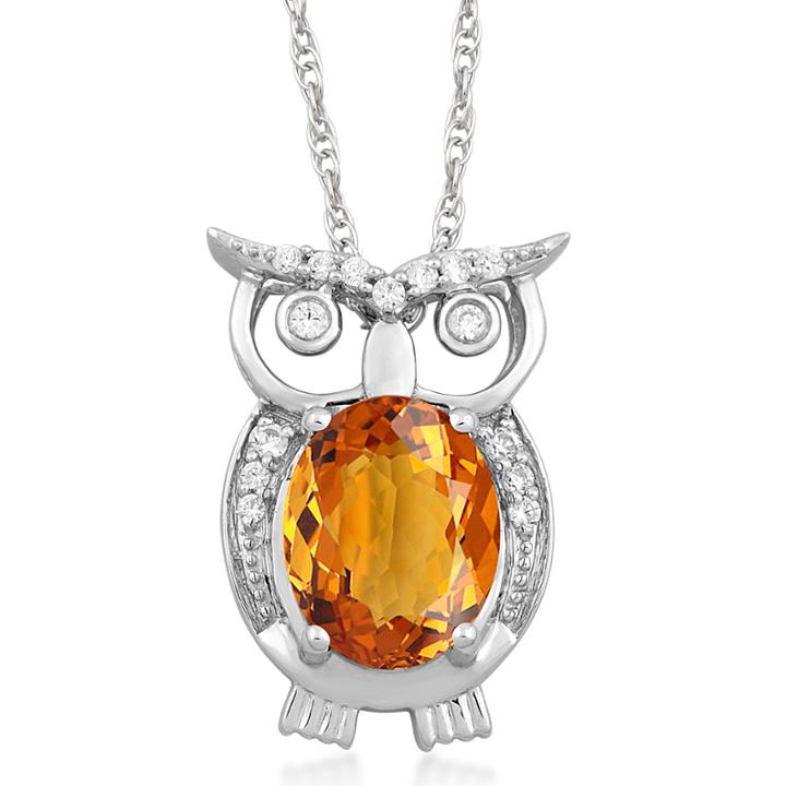 Simulated Citrine And White Sapphire Owl Pendant Necklace