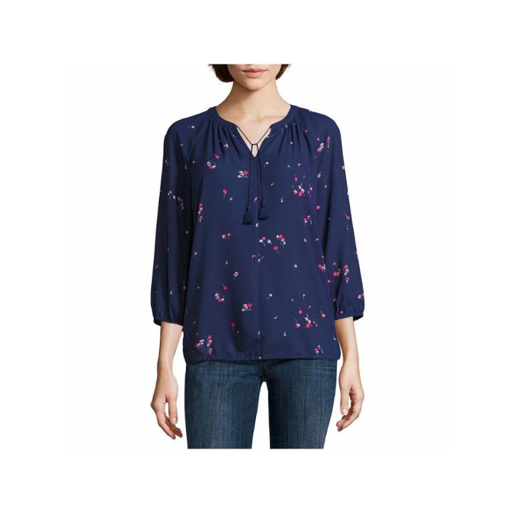 Liz Claiborne 3/4 Sleeve Floral Peasant Top Talls