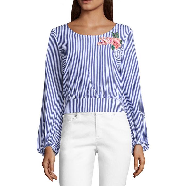 By & By Long Sleeve Round Neck Poplin Stripe Blouse-juniors