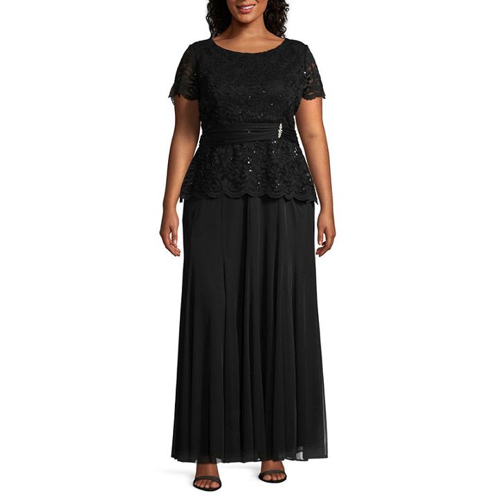 Onyx Nites Elbow Sleeve Evening Gown - Plus