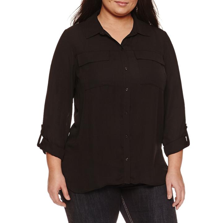 Boutique + 3/4 Sleeve Button-front Shirt-plus