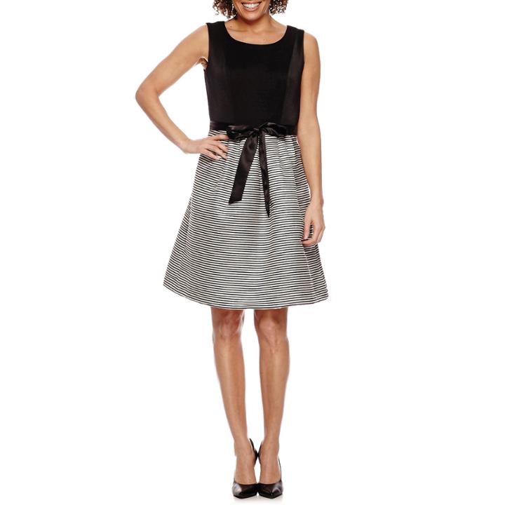 Robbie Bee Sleeveless Belted Stripe Skirt Fit & Flare Dress-petites