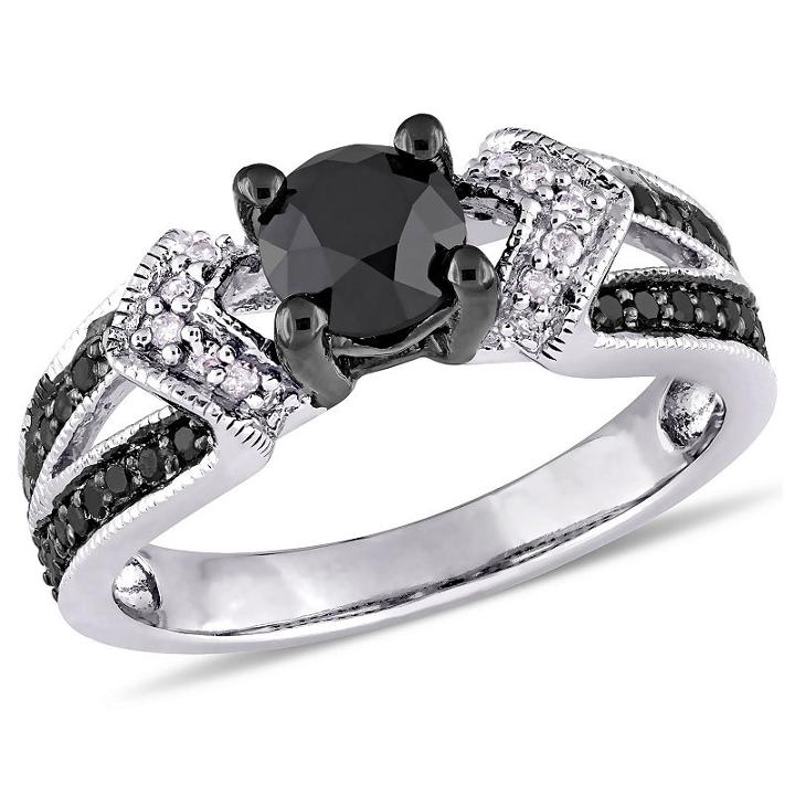 Womens 1 Ct. T.w. Color Enhanced Round Black & White Diamond Sterling Silver Engagement Ring