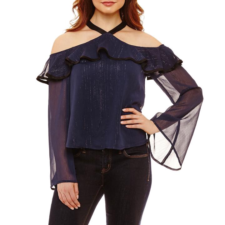 Bold Elements Bell Sleeve Jacquard Y-neck Top