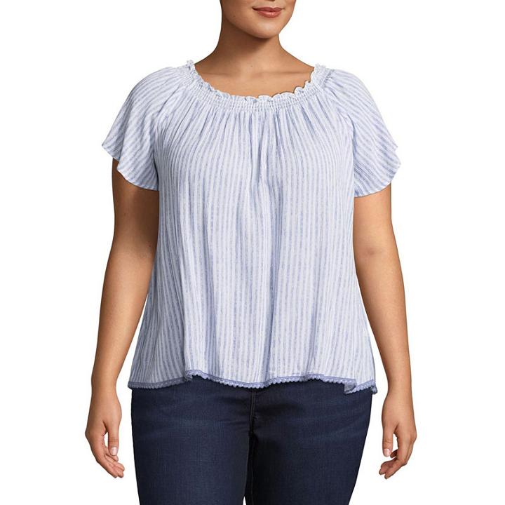 Self Esteem Short Sleeve Off Shoulder Sleeve Stripe Peasant Top-juniors Plus