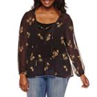 Embossed Long-sleeve Floral Peasant Top - Juniors Plus