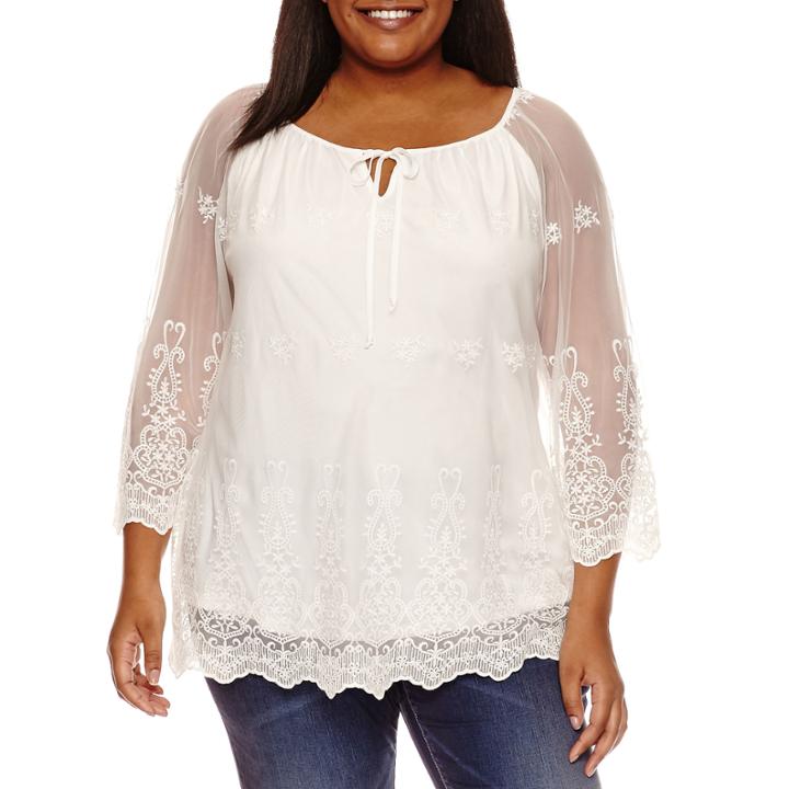 Alyx 3/4 Sleeve Tie Neck Embroidered Woven Blouse-plus
