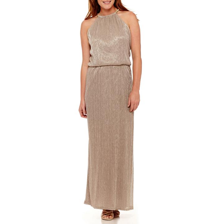 R & M Richards Sleeveless Metallic Formal Halter Gown