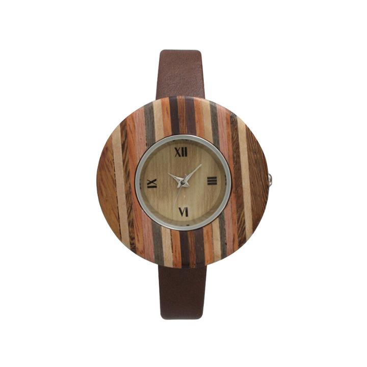 Olivia Pratt Faux Wood Bezel Brown Stripe Petite Leather Watch 26265wbrown Stripe