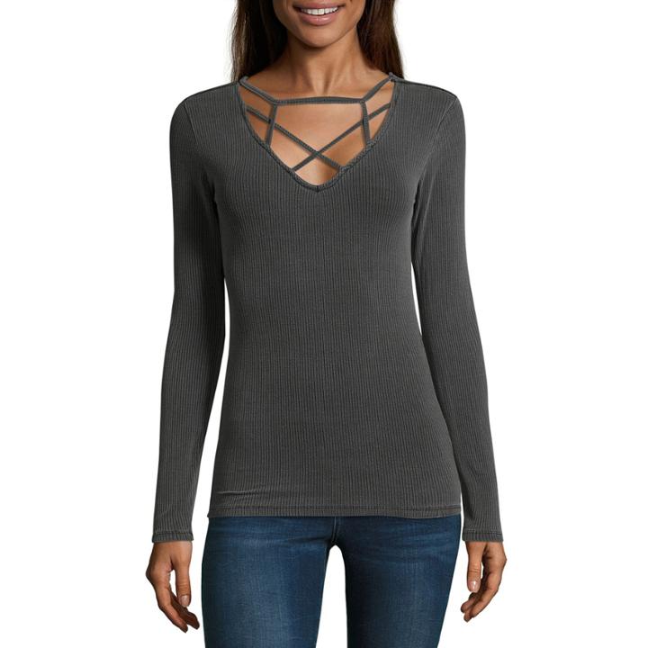 Arizona Rib Knit Cut Out Neckline Top - Juniors