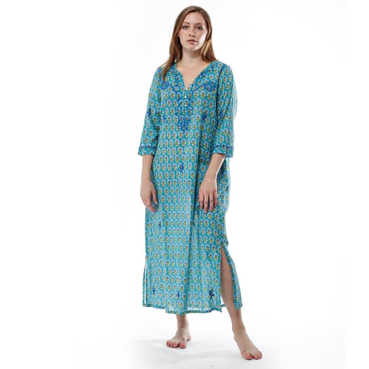 La Cera 100% Cotton Print Caftan With Embroidery