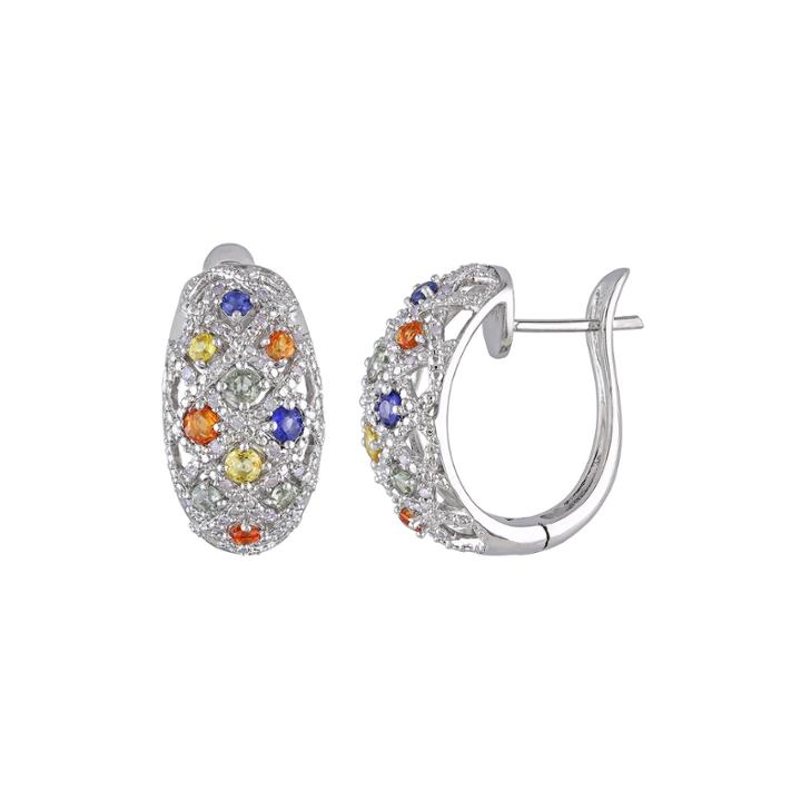 Multi-gemstone And 1/4 Ct. T.w. Diamond 22.4mm Sterling Silver Hoop Earrings