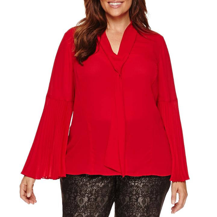 Worthington Long Sleeve Draped Neck Woven Blouse-talls