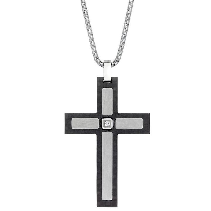 Mens White Cubic Zirconia Cross Pendant Necklace