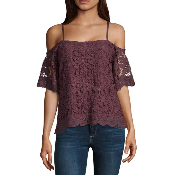 Miss Chievous Elbow Sleeve Asymmetrical Neck Lace Blouse-juniors