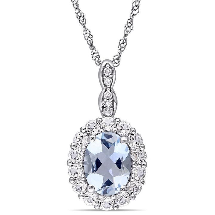 Womens Diamond Accent Genuine Blue Aquamarine 14k Gold Pendant Necklace