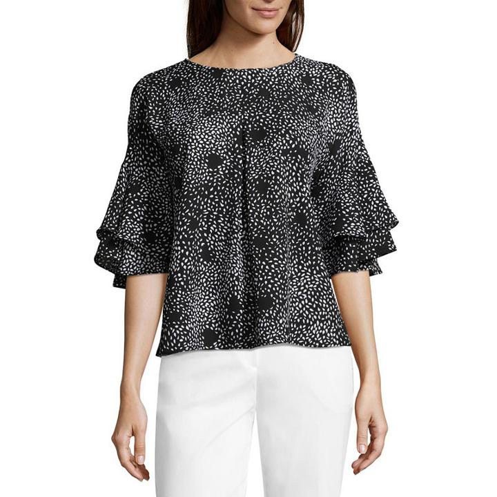 Liz Claiborne Ruffle Sleeve Round Neck Woven Blouse