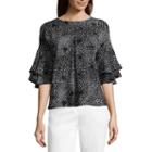 Liz Claiborne Ruffle Sleeve Round Neck Woven Blouse